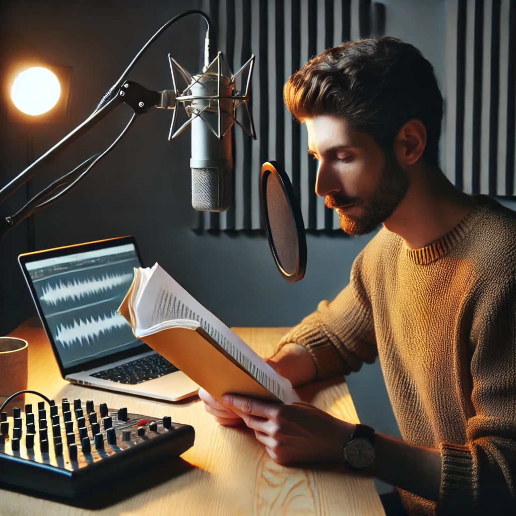 Male podcaster reading a script while recording