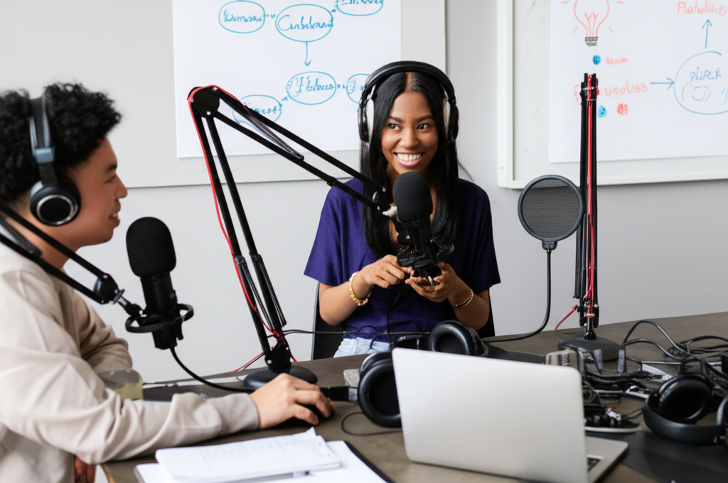 Two podcasters brainstorming monetization strategies in a modern recording studio, surrounded by professional podcast gear, microphones, and a laptop with notes.